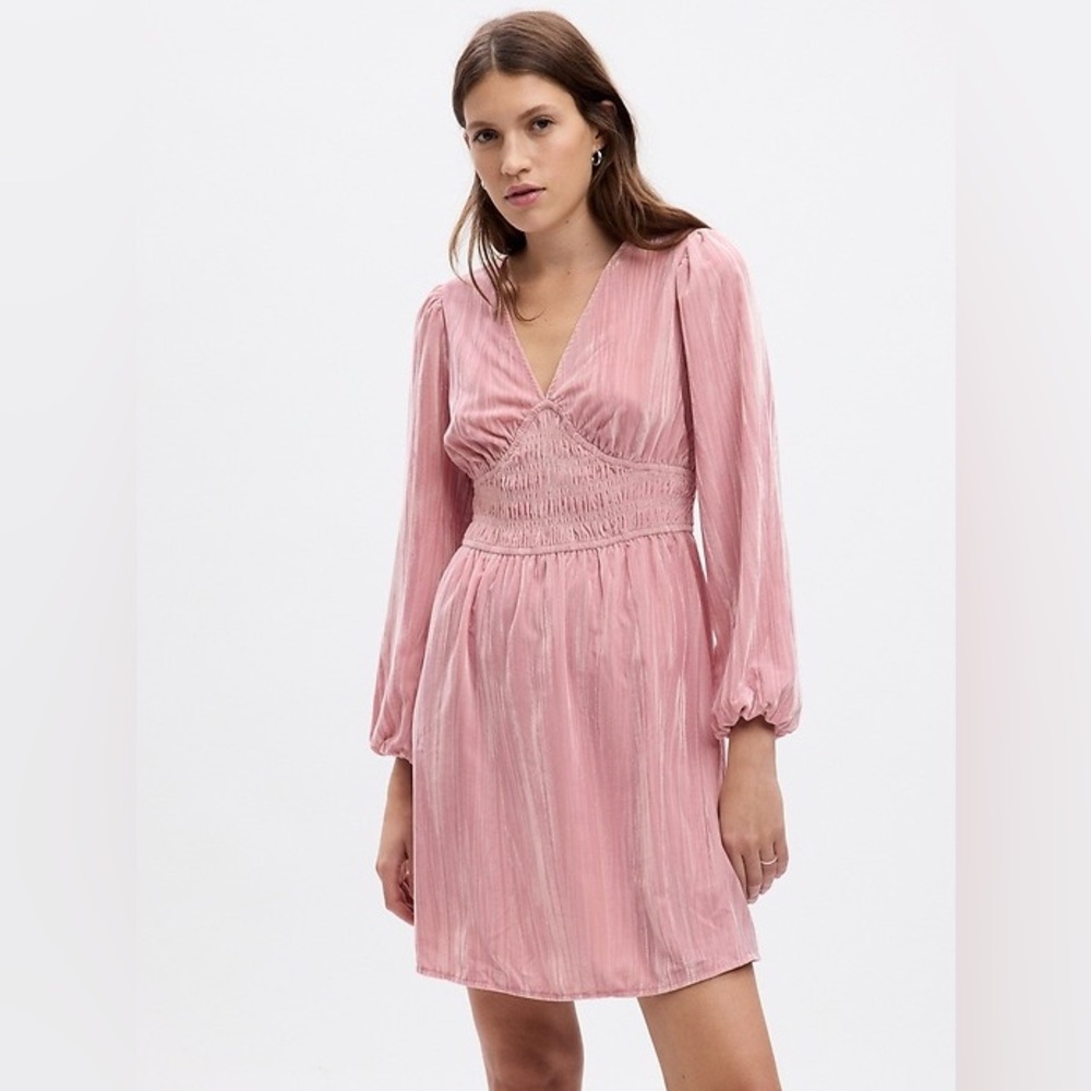 NWT GAP | Pink Velvet Smocked Mini Dress, Long Sleeves, small